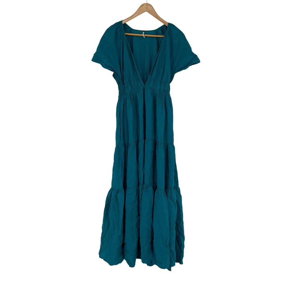 YFB Women's Teal Maxi Tiered Flutter Sleeve V Neck Smocked Waist Dress M Cottage